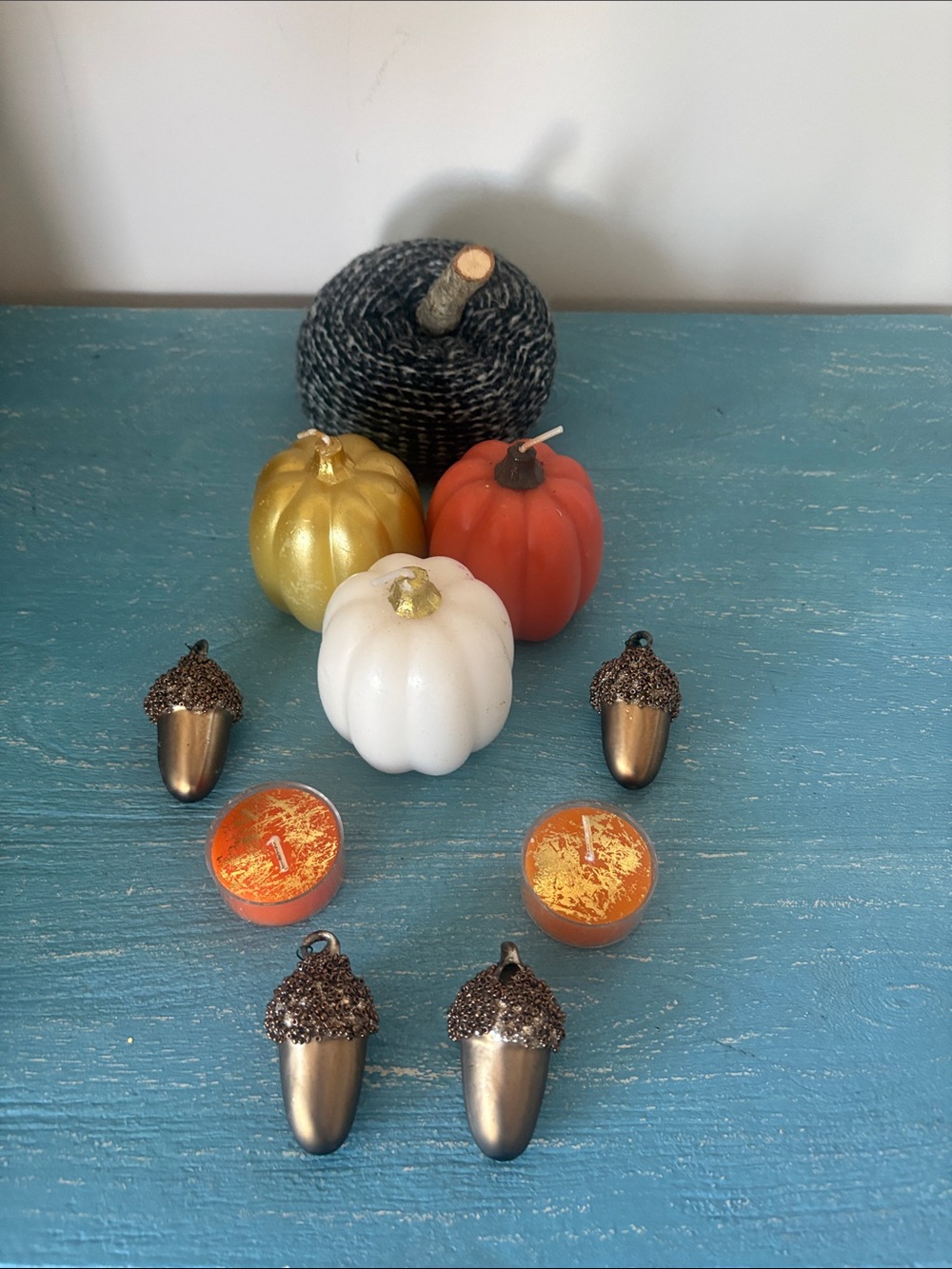 Decorative Fall Tealight & Pumpkin Set - Orange, White, Gold, Black gold glitter